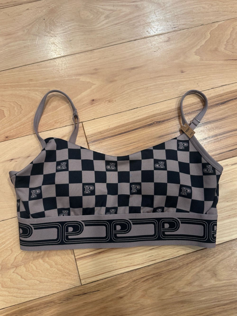 Logo-Print pink Checkerboard Bralette in Taupe/Black